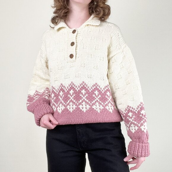 Vintage Hand Knit Fair Isle Oversized Sweater Slouchy Loose Fisherman 80s 90s - Picture 5 of 9